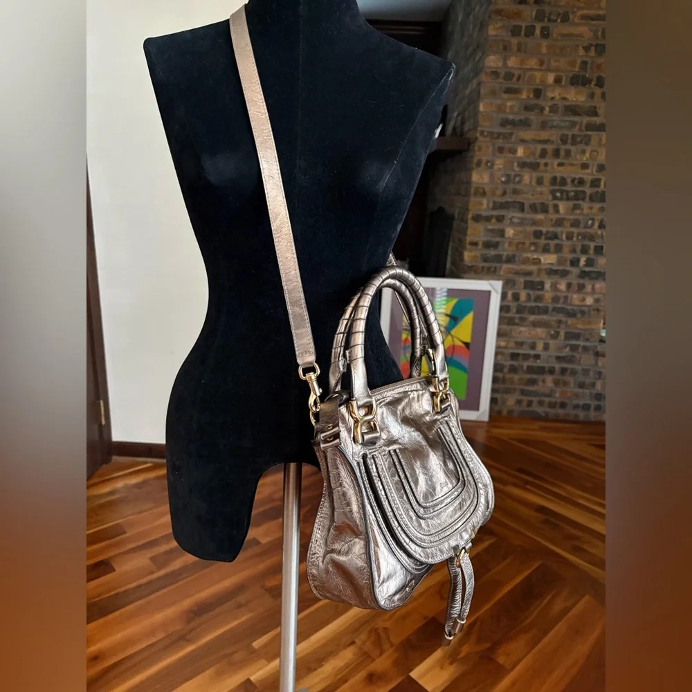 Chloe Small Marcie Metallic Bronze/Gold Crossbody Satchel, NEW - Picture 3 of 17
